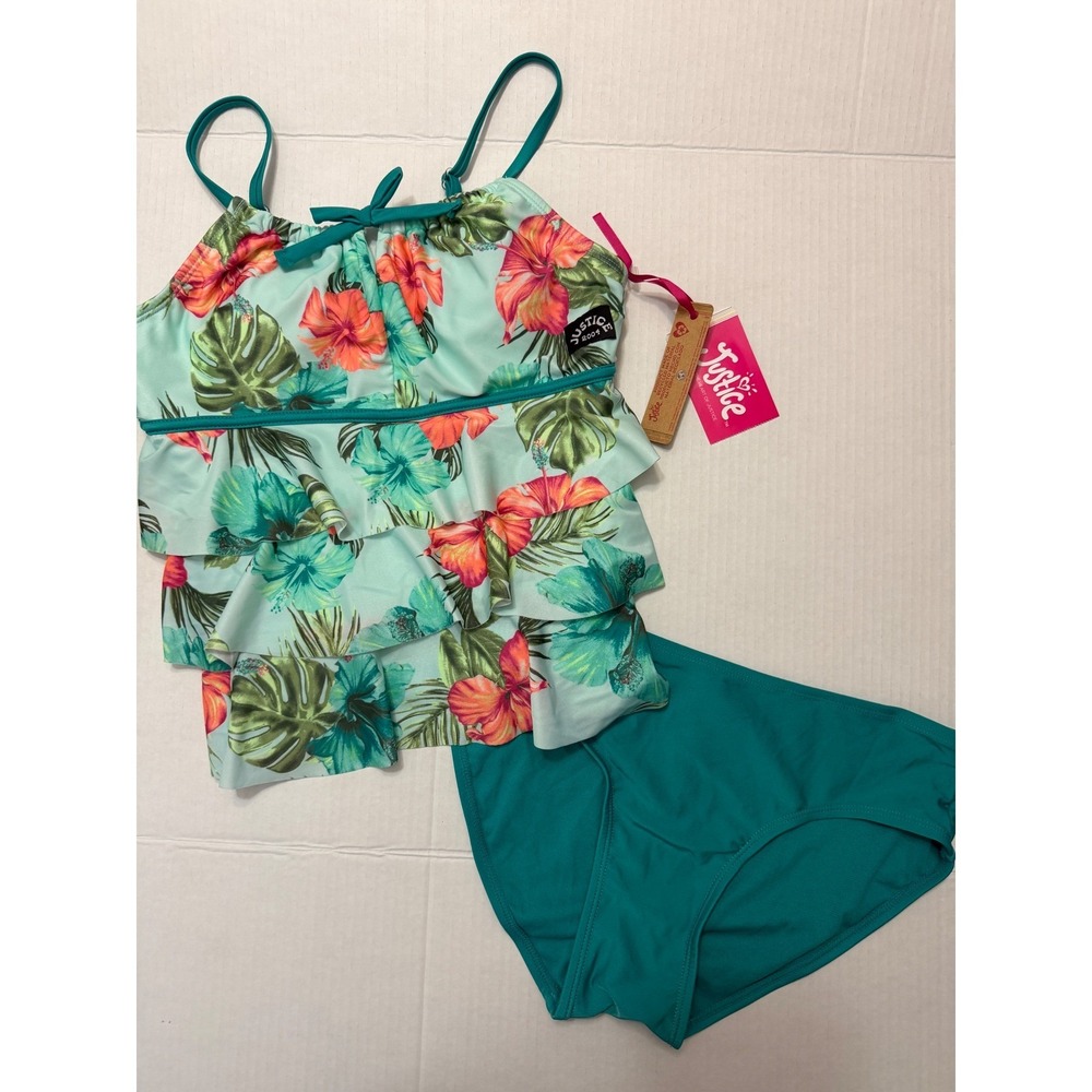 Justice Girls Retro Surf Ruffle Tie Top Cupcake Tankini Teal Swimsuit XL 16/18